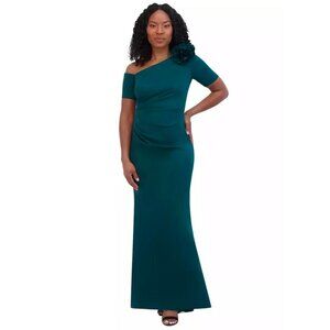 Jessica Howard Emerald Green Asymmetrical One-Shoulder Gown With Floral Detail